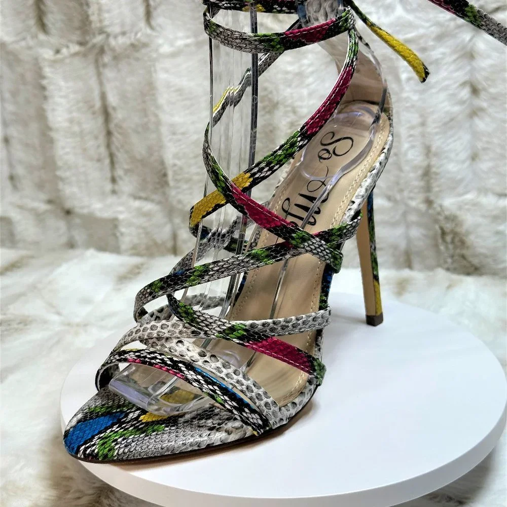 * So Me Multi Color Snake Strappy Wrap 4.5" Heels - Picture 4 of 8
